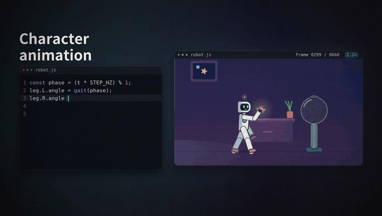 Frame from the SenseNova 6.8 Code2Video launch film showing code beside the rendered animation
