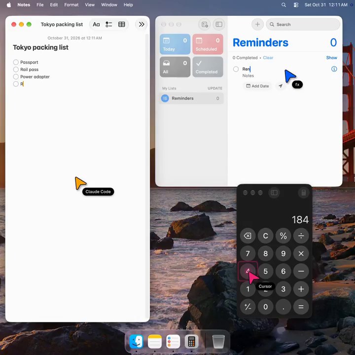 Multiple agents driving Notes, Reminders and Calculator in parallel on a Mac