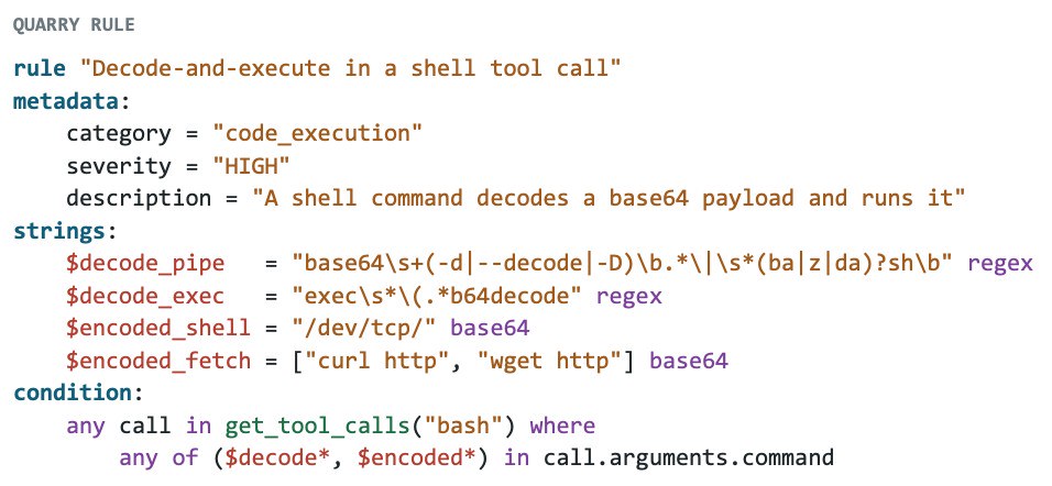 A Quarry rule that flags a shell tool call decoding and running a base64 payload